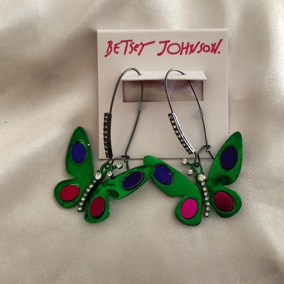 Betsey Johnson Hematite Tone Green Metallic Butterfly Drop Earrings NWT - Picture 1 of 10